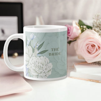 Sage Green & White Peony Floral Jumbo Mug
