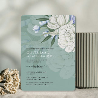 Sage Green White Peony Wedding Foil Invitation
