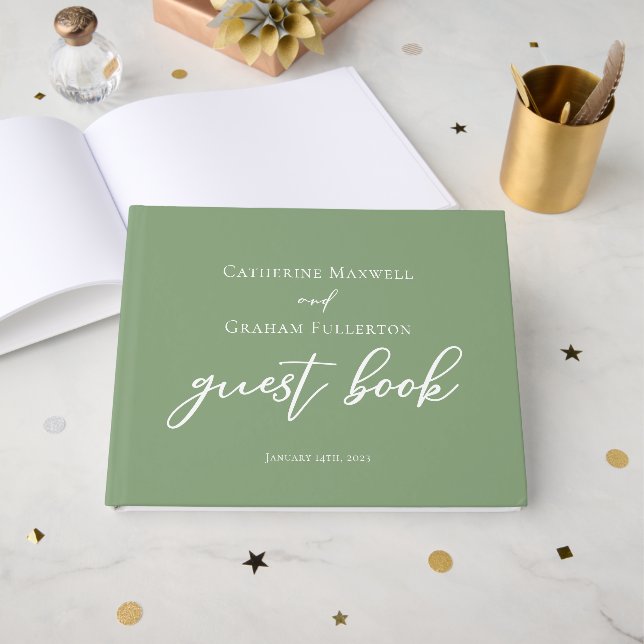 Sage Green White Personalized Wedding Guest Book (Front Open)