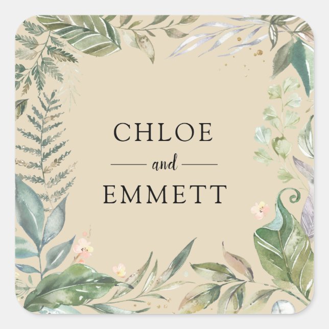 Sage Green White Pink Botanical Wedding Square Sticker (Front)
