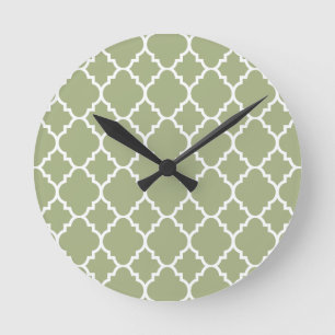 Sage Green White Quatrefoil Moroccan Pattern Round Clock