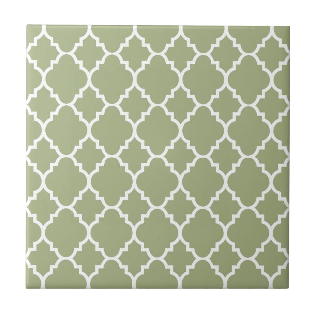Sage Green White Quatrefoil Moroccan Pattern Tile (Front)