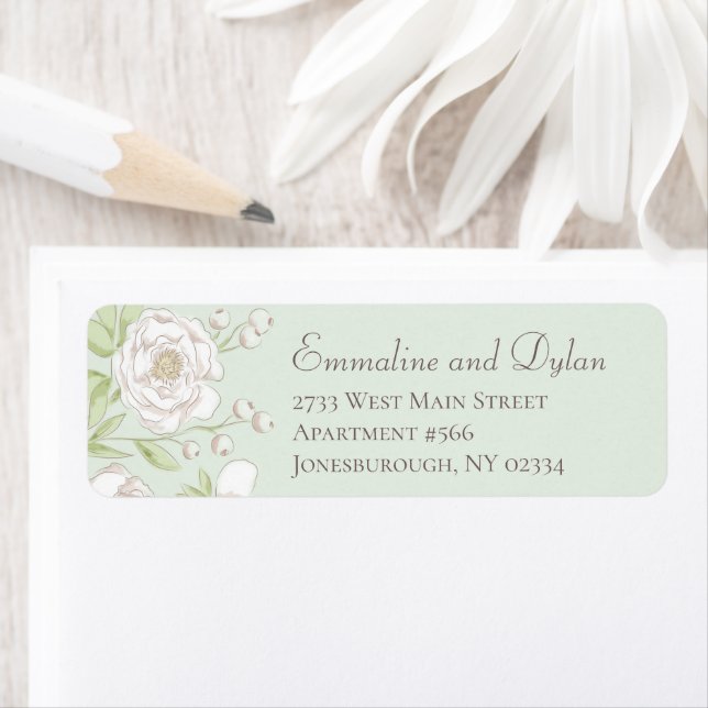Sage Green White Rose Wedding Address Labels (Insitu)