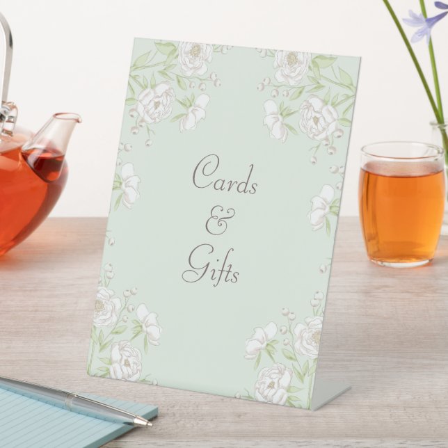 Sage Green White Rose Wedding Cards Gift Sign (In SItu)