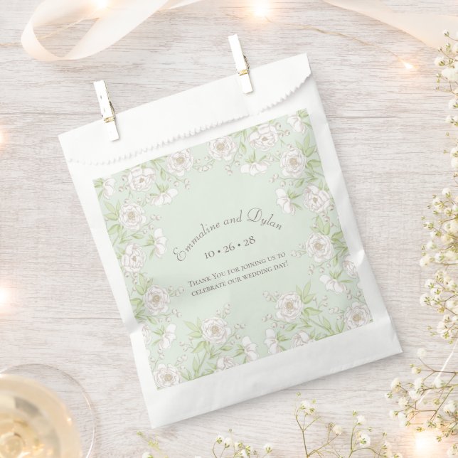 Sage Green White Rose Wedding Favour Bag (Clipped)