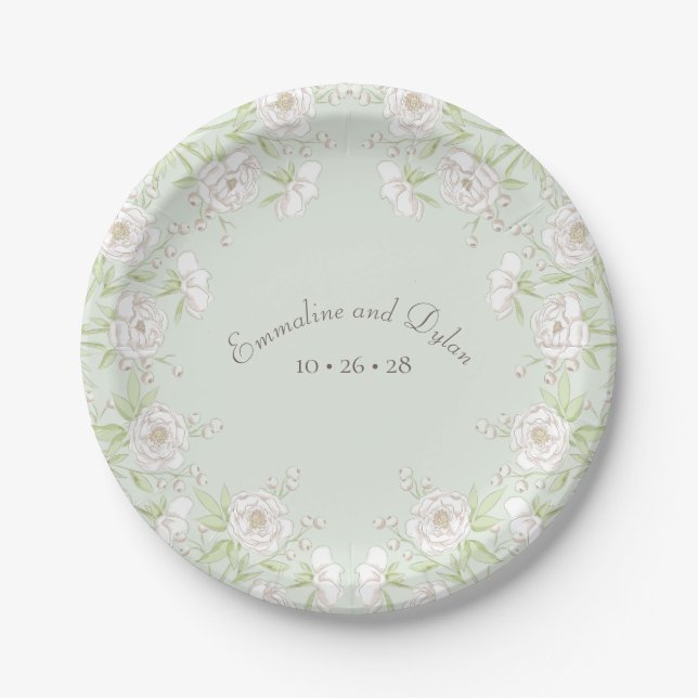 Sage Green White Rose Wedding Paper Plate (Front)