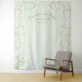 Sage Green White Rose Wedding Photo Backdrop Tapestry