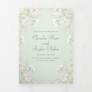 Sage Green White Rose Wedding Programs Tri-Fold Programme