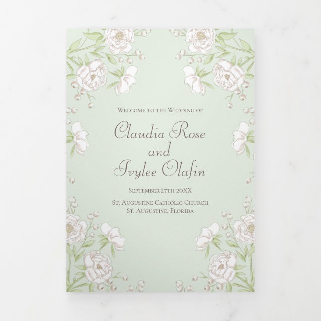 Sage Green White Rose Wedding Programs Tri-Fold Programme (Cover)