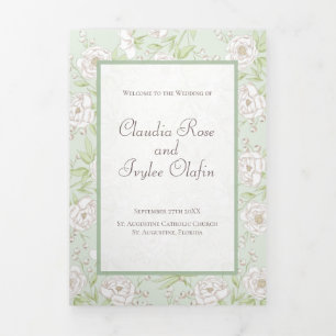 Sage Green White Rose Wedding Programs Tri-Fold Programme