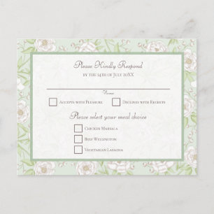 Sage Green White Rose Wedding RSVP Reply Holiday Postcard