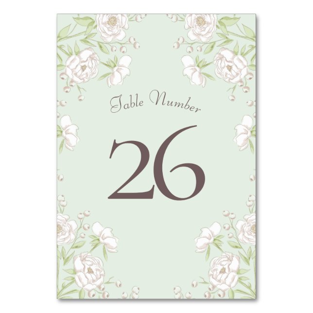 Sage Green White Rose Wedding Table Number (Back)