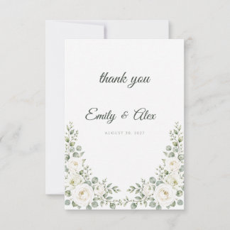 Sage Green White Rose Wedding Thank You Card