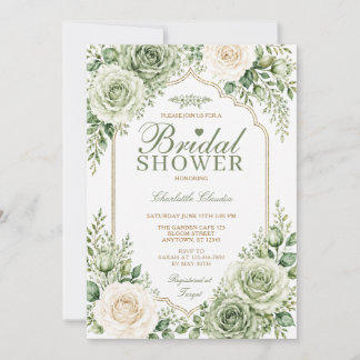 Sage Green White Roses Elegant Boho Bridal Shower Invitation