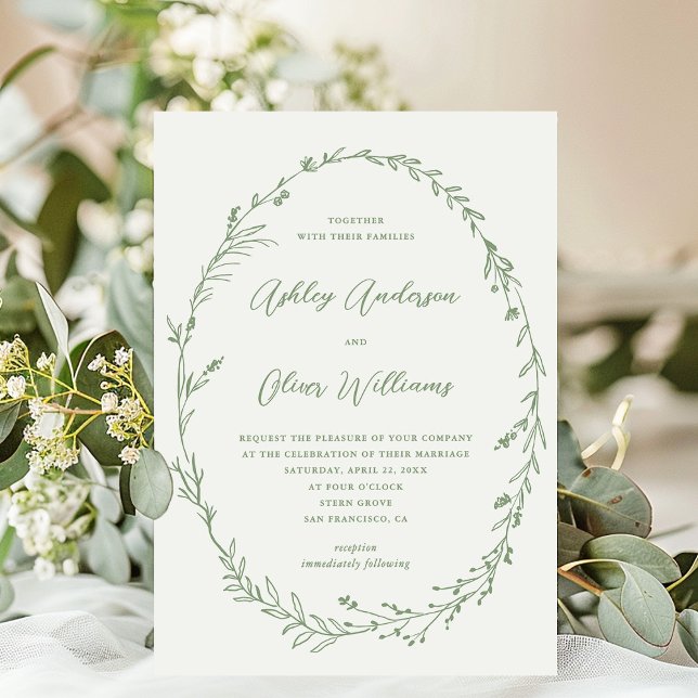Sage Green White Rustic Wildflower Wreath Wedding Invitation (Creator Uploaded)