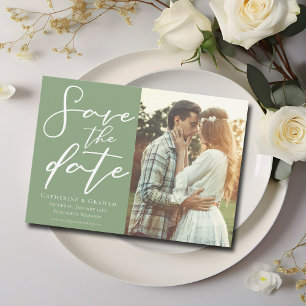 Sage Green White Script Couple Photo Save The Date