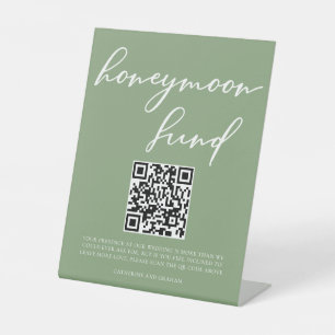 Sage Green White Script Honeymoon Fund QR Code Pedestal Sign
