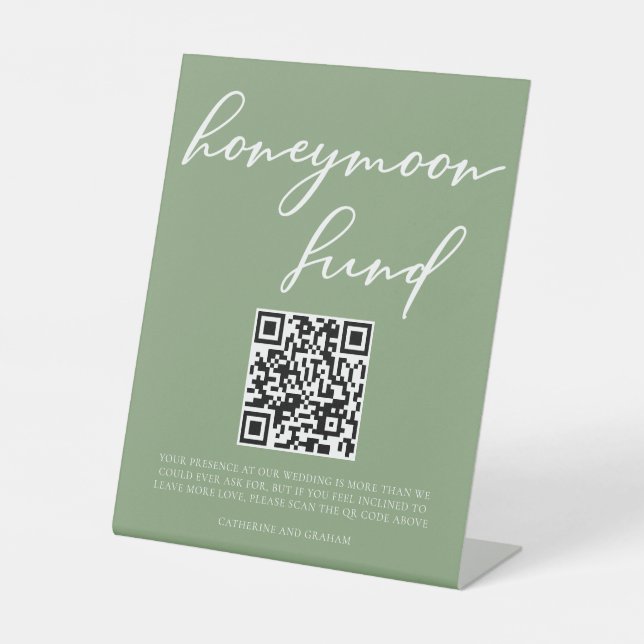 Sage Green White Script Honeymoon Fund QR Code Pedestal Sign (Front)