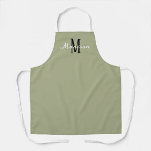 Sage Green White Script Monogram Personalized Apron