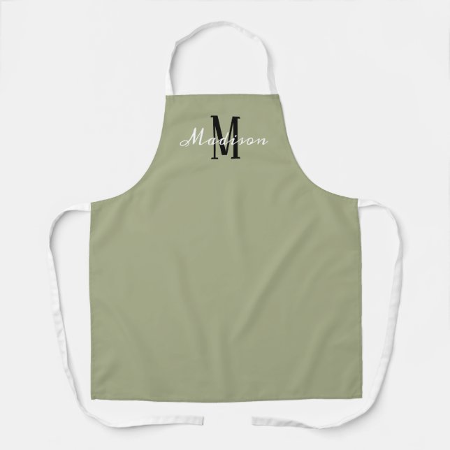 Sage Green White Script Monogram Personalized Apron (Front)