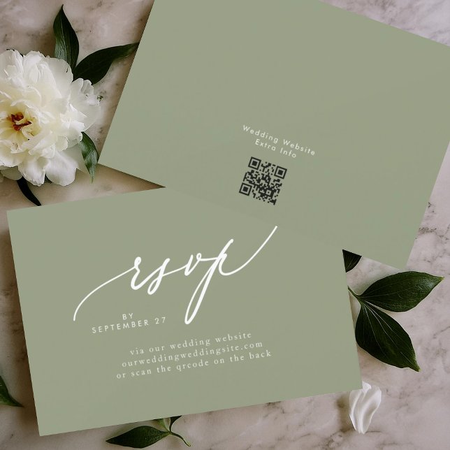 Sage Green White Simple QR CODE Wedding Website RSVP Card (Creator Uploaded)