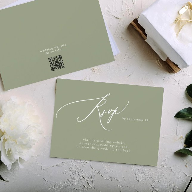 Sage Green White Simple QR Code Wedding Website RSVP Card (Creator Uploaded)