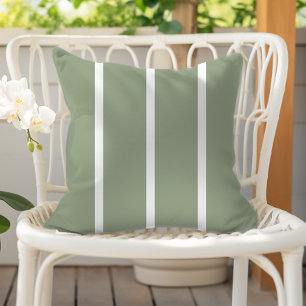 Sage Green White Skinny Stripes Outdoor Pillow