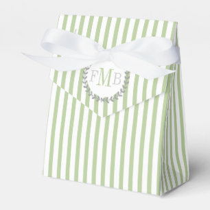 Sage green, white stripes monogram wedding favor box