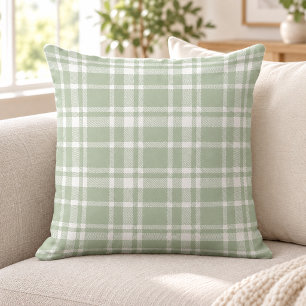 Sage Green White Tartan Plaid Pattern Throw Pillow