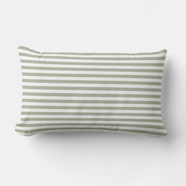 Sage Green White Thin Horizontal Stripes Outdoor Lumbar Pillow (Front)