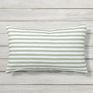 Sage Green White Thin Horizontal Stripes Outdoor Lumbar Pillow