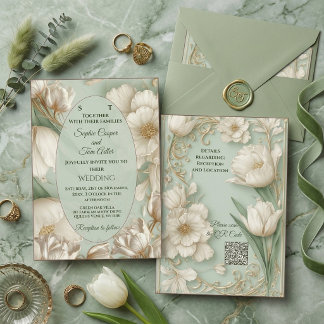 Sage Green White Tulip Gold Ornate Baroque Wedding Invitation