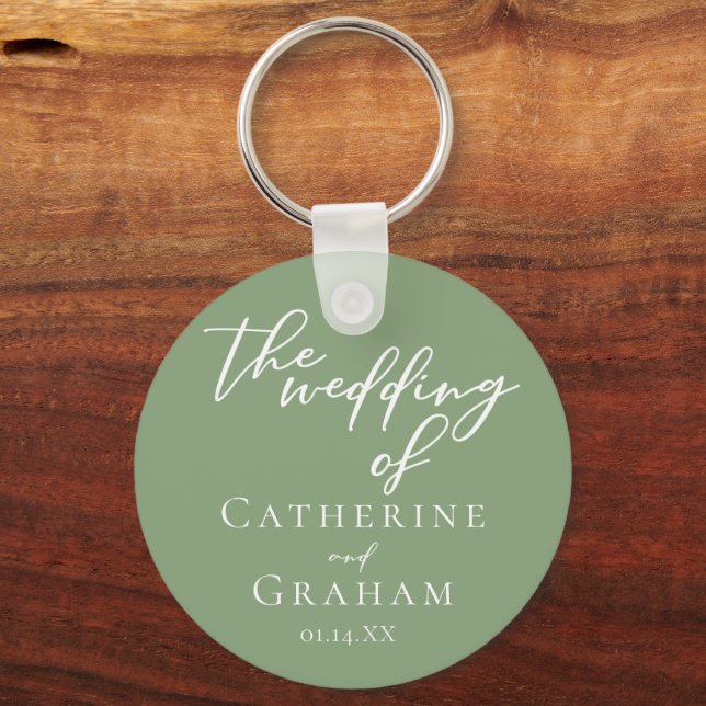 Sage Green White Typography Custom Wedding Keychain (Front)