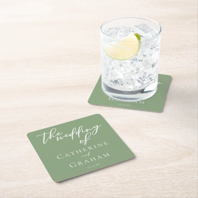 Sage Green White Typography Custom Wedding Square Paper Coaster (Insitu)