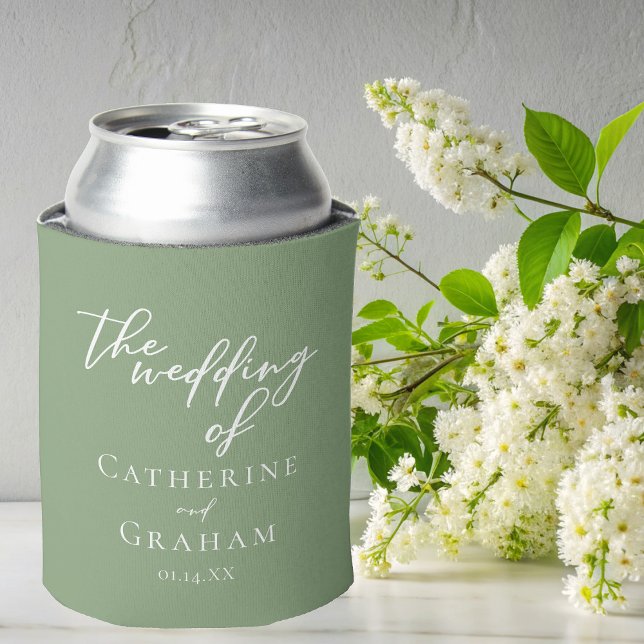Sage Green White Typography Minimalist Wedding Can Cooler (Creator Uploaded)