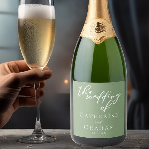 Sage Green White Typography Minimalist Wedding Sparkling Wine Label