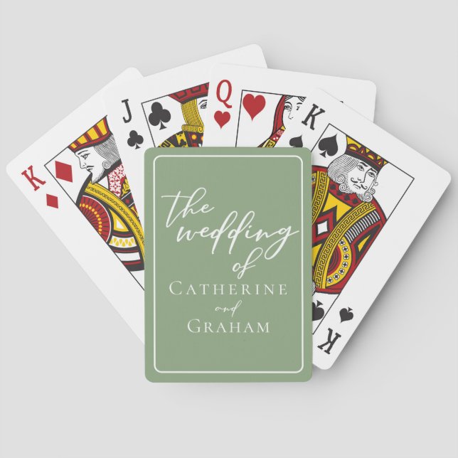 Sage Green White Typography Personalized Wedding Playing Cards (Back)