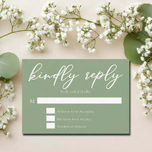Sage Green White Typography Wedding Kindly Reply RSVP Card