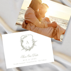 Sage Green White vintage monogram crest photo Save The Date