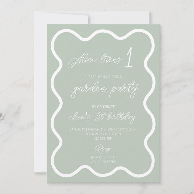 Sage green white wavy border 1st birthday party invitation (Front)