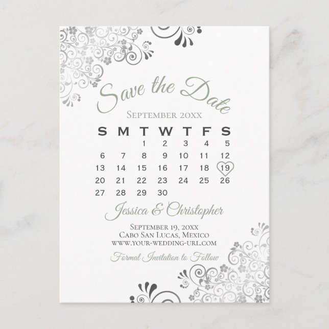 Sage Green & White Wedding Save the Date Calendar Announcement Postcard (Front)