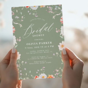 Sage green white wildflower floral bridal shower invitation