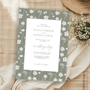 Sage green white wildflower floral garden wedding invitation