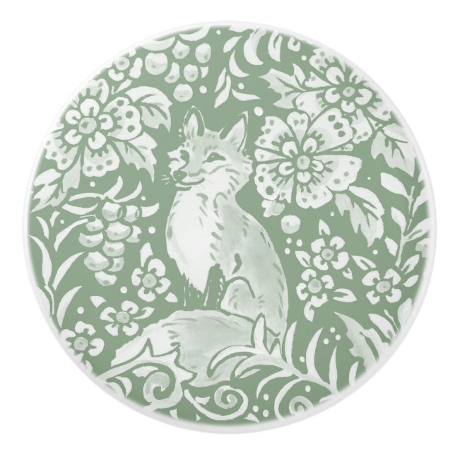 Sage Green White Woodland Animal Fox Pattern   Ceramic Knob (Front)
