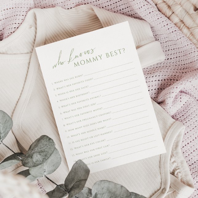 Sage Green Who Knows Mommy Baby Shower Game Card (Creator Uploaded)