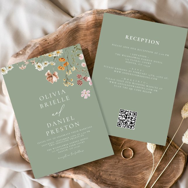 Sage Green Wildflower All in One QR Code Wedding Invitation (Creator Uploaded)