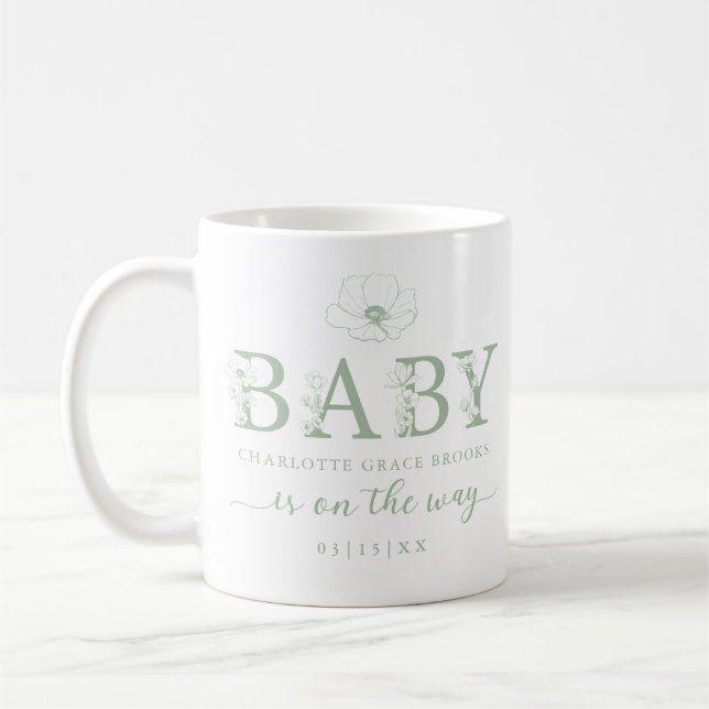 Sage Green Wildflower Baby Announcement Coffee Mug (Left)