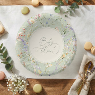 Sage Green Wildflower Baby In Bloom Baby Shower Paper Plate