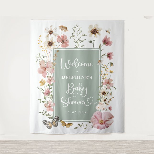 Sage Green Wildflower Baby in Bloom Shower Welcome Tapestry (Front)
