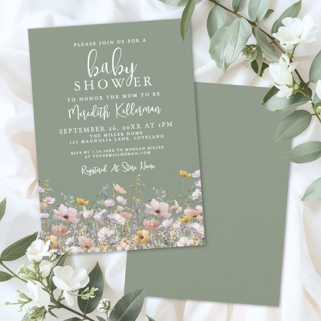 Sage Green Wildflower Baby Shower Invitation (Sage Green Wildflower Baby Shower Invitation)